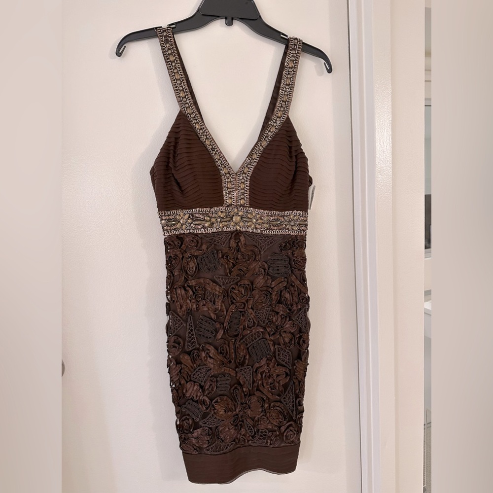 SUE WONG Brown dressy dress with mesh lace and brass-gold sequins/accents SZ 6